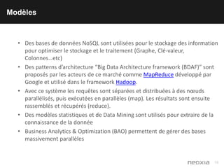 19
Modèles
• Des bases de données NoSQL sont utilisées pour le stockage des information
pour optimiser le stockage et le t...