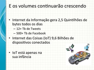 E	
  os	
  volumes	
  con;nuarão	
  crescendo
	
  	
  
•  Internet	
  da	
  Informação	
  gera	
  2,5	
  Quin;lhões	
  de	
  
bytes	
  todos	
  os	
  dias	
  
–  12+	
  Tb	
  de	
  Tweets	
  
–  500+	
  Tb	
  de	
  Facebook	
  	
  

•  Internet	
  das	
  Coisas	
  (IoT)	
  9,6	
  Bilhões	
  de	
  
disposi;vos	
  conectados	
  
•  IoT	
  está	
  apenas	
  na	
  	
  
sua	
  infância	
  

 