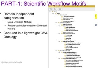 • Domain Independent
categorization
– Data-Oriented Nature
– Resource/Implementation-Oriented
Nature
• Captured In a lightweight OWL
Ontology
http://purl.org/net/wf-motifs
PART-1: Scientific Workflow Motifs
 