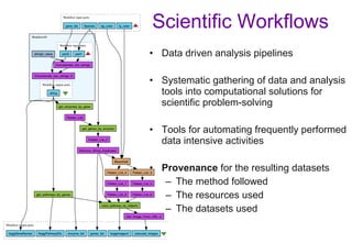 • Data driven analysis pipelines
• Systematic gathering of data and analysis
tools into computational solutions for
scientific problem-solving
• Tools for automating frequently performed
data intensive activities
• Provenance for the resulting datasets
– The method followed
– The resources used
– The datasets used
Scientific Workflows
 
