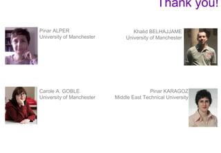 Thank you!
Carole A. GOBLE
University of Manchester
Khalid BELHAJJAME
University of Manchester
Pinar KARAGOZ
Middle East Technical University
Pinar ALPER
University of Manchester
 