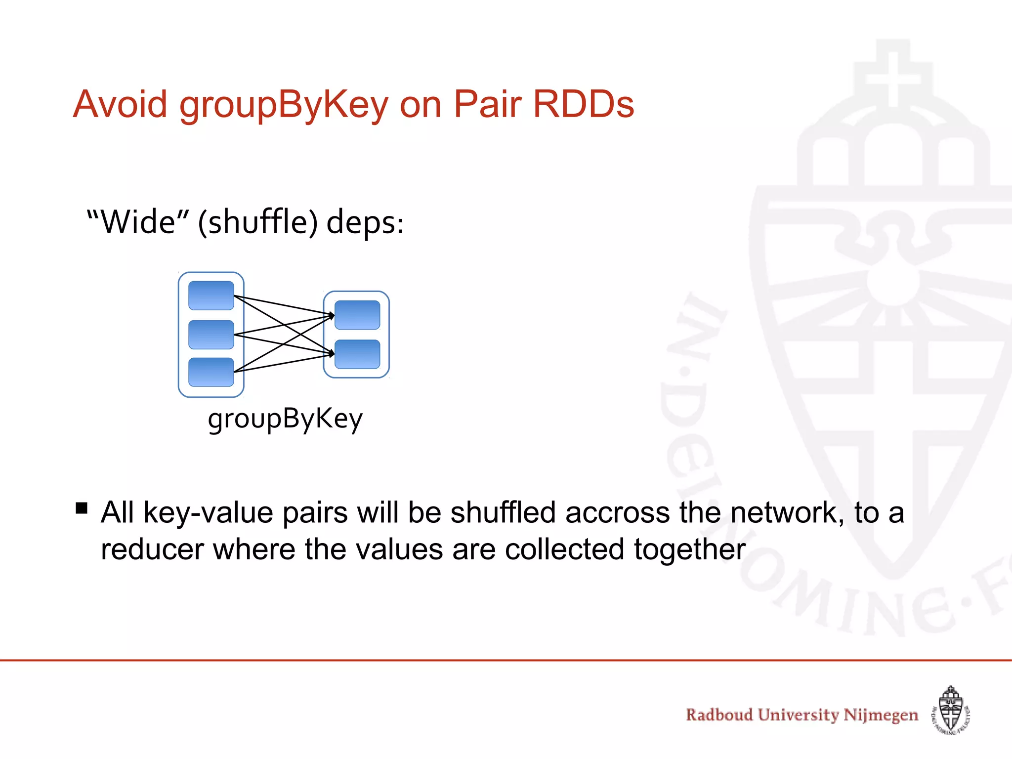 Avoid groupByKey on Pair RDDs
 All key-value pairs will be shuffled accross the network, to a
reducer where the values are collected together
groupByKey
“Wide” (shuffle) deps:
 