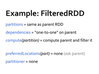 Example: FilteredRDD
partitions = same as parent RDD
dependencies = “one-to-one” on parent
compute(partition) = compute parent and filter it
preferredLocations(part) = none (ask parent)
partitioner = none
 