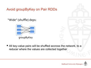 Avoid groupByKey on Pair RDDs
 All key-value pairs will be shuffled accross the network, to a
reducer where the values are collected together
groupByKey
“Wide” (shuffle) deps:
 