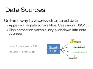 Data Sources
Uniform way to access structured data
» Apps can migrate across Hive, Cassandra, JSON, …
» Rich semantics allows query pushdown into data
sources
Spark
SQL
users[users.age > 20]
select * from users
 