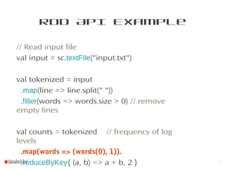 RDD API Example
// Read input file
val input = sc.textFile("input.txt")
val tokenized = input
.map(line => line.split(" "))
.filter(words => words.size > 0) // remove
empty lines
val counts = tokenized // frequency of log
levels
.map(words => (words(0), 1)).
.reduceByKey{ (a, b) => a + b, 2 } 6
 