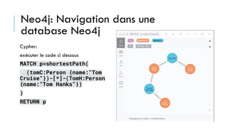 Neo4j: Navigation dans une
database Neo4j
Cypher:
exécuter le code ci dessous
MATCH p=shortestPath(
(tomC:Person {name:"Tom
Cruise"})-[*]-(TomH:Person
{name:"Tom Hanks"})
)
RETURN p
 