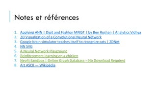 Notes et références
1. Applying ANN | Digit and Fashion MNIST | by Ben Roshan | Analytics Vidhya
2. 2D Visualization of a Convolutional Neural Network
3. Google brain simulator teaches itself to recognize cats | ZDNet
4. NN SVG
5. A Neural Network Playground
6. Reinforcement learning on a chicken
7. Neo4j Sandbox | Online Graph Database – No Download Required
8. Art ASCII — Wikipédia
 