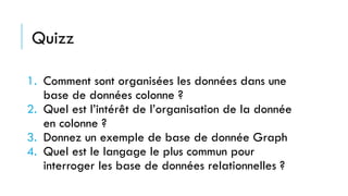 1. Comment sont organisées les données dans une
base de données colonne ?
2. Quel est l’intérêt de l’organisation de la donnée
en colonne ?
3. Donnez un exemple de base de donnée Graph
4. Quel est le langage le plus commun pour
interroger les base de données relationnelles ?
Quizz
 