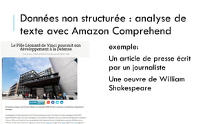 Données non structurée : analyse de
texte avec Amazon Comprehend
exemple:
Un article de presse écrit
par un journaliste
Une oeuvre de William
Shakespeare
 
