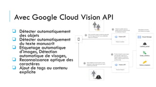 Avec Google Cloud Vision API
❏ Détecter automatiquement
des objets
❏ Détecter automatiquement
du texte manuscrit
❏ Etiquetage automatique
d'images, Détection
automatique de visages,
❏ Reconnaissance optique des
caractères
❏ Ajout de tags au contenu
explicite
 