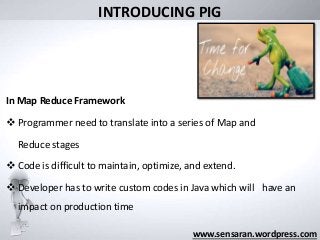 INTRODUCING PIG
In Map Reduce Framework
 Programmer need to translate into a series of Map and
Reduce stages
 Code is difficult to maintain, optimize, and extend.
 Developer has to write custom codes in Java which will have an
impact on production time
www.sensaran.wordpress.com
 