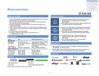 Total capital raised: $26.0mm
Last round: Series D(May 2012), $26.0mm
Birst overview
Products overview
Birst
discovery
edition
 Empowers business analysts to intuitively explore data
and build reports in minutes without the need for
data modeling
 Well suited for projects that require ﬂexible data-discovery
and analytics without a data warehouse
Birst
professional
edition
 Builds on the data discovery capabilities of the Discovery
Edition with operational reporting, mobile BI and support
for SAP R3 and BW
 Well suited for multi-developer projects that integrate
enterprise data sources and publish operational reports
Birst
enterprise
edition
 Includes data discovery, analytics, Mobile BI and
operational reports with support for all enterprise
data sources
 Also includes integrated ETL and an automated
multidimensional data warehouse
Recent news
 Nov 15, 2012: Announced a business intelligence replacement program,
“Birst4BOBJ,” for SAP customers
 Oct 17, 2012: Announced Birst Big Data Services, end-to-end solution to
turn large volumes of unstructured data into analytic applications
Customers
Management
 End-to-end BI solution that supports interactive dashboards, ad-hoc analysis
and visualization to pixel-perfect and report writing
 Provides data integration from on-premise databases, flat and structured
files, operational and cloud applications
 Supports organizations of various sizes, from individuals to groups and
companies worldwide
 Used in finance, operations, sales, HR, marketing, service analytics, supply
chain functional areas, sales analytics, wealth management and insurance
applications
 Formerly known as Success Metrics
 Founded in 2005 and headquartered in San Francisco, CA
 Additional offices in India
Business overview
Name Title Affiliations/experience
Management
Brad Peters CEO & Co-Founder Siebel Systems, Morgan Stanley
Paul Staelin VP, Customer Success &
Co-Founder
Siebel Systems, emPower
Corporation, Sun Microsystems
David Kaplan CFO Arcot Systems
Rick Spickelmier CTO &VP, Engineering Geac, Extensity, Objectivity
Board of Directors
Douglas Leone Board member Sequoia Capital
John Hummer Board member Hummer Winblad
Young Chung Board member DAG Ventures
Doug Merritt Board member Cisco, Baynote, SAP
Investors
Source: Company information, Capital IQ, Crunchbase
17
Analytics and Visualization
Marketing & e-commerce
Social
Market places
Machine data
Location/events
Statistical
 