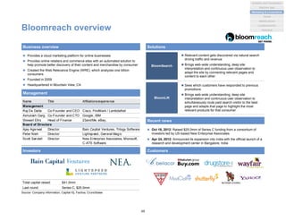 Name Title Affiliations/experience
Management
Raj De Datta Co-Founder and CEO Cisco, FirstMark / LambdaNet
Ashutosh Garg Co-Founder and CTO Google, IBM
Stewart Ellis Head of Finance 23andMe, eBay,
Board of Directors
Ajay Agarwal Director Bain Capital Ventures, Trilogy Software
Peter Nieh Director Lightspeed, General Magic
Scott Sandell Director New Enterprise Associates, Microsoft,
C-ATS Software
Bloomreach overview
 Provides a cloud marketing platform for online businesses
 Provides online retailers and commerce sites with an automated solution to
help promote better discovery of their content and merchandise by consumer
 Created the Web Relevance Engine (WRE), which analyzes one billion
consumers
 Founded in 2009
 Headquartered in Mountain View, CA
Business overview Solutions
 Relevant content gets discovered via natural search
driving traffic and revenue
 Brings web-wide understanding, deep site
interpretation and continuous user observation to
adapt the site by connecting relevant pages and
content to each other
 Sees which customers have responded to previous
promotions
 Brings web-wide understanding, deep site
interpretation and continuous user observation to
simultaneously route paid search visitor to the best
page and adapts that page to highlight the most
relevant products for that consumer
BloomSearch
BloomLift
Management
Investors
Recent news
 Oct 18, 2012: Raised $25.0mm of Series C funding from a consortium of
investors led by US-based New Enterprise Associates
 Apr 24, 2012: Announced its expansion into India with the official launch of a
research and development center in Bangalore, India
Customers
Source: Company information, Capital IQ, Factiva, Crunchbase
Total capital raised: $41.0mm
Last round: Series C, $25.0mm
46
Analytics and Visualization
Marketing & e-commerce
Social
Market places
Machine data
Location/events
Statistical
 