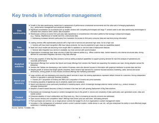 Key trends in information management
Data
warehousing
Data
integration
Analytical
solutions
Search and
discovery
 Growth in the data warehousing market due to replacement of performance-constrained environments and the value-add of emerging applications
(e.g., performance management and advanced analytics)
 Significant consolidation as incumbents pick up smaller vendors with compelling technologies and large IT vendors seek to add data warehousing technologies to
centralize their presence within clients’ data ecosystem
 Warehouses continue to evolve from pure-play data repositories to comprehensive information platforms that leverage multiple technologies
(e.g., Hadoop, MapReduce) to handle real-time, unstructured data
 Addressing increased demand–particularly from marketers–for access to third-party consumer data and real-time pricing information
 Leading vendors offer sophisticated products with a high level of service and perceived high value, but at a high cost
 Vendors with less brand recognition offer less mature products, but may be positioned to gain share as capabilities expand
 SaaS and cloud models are becoming more sought after to capitalize on cost and ease of deployment features
 General data integration as a service is available, but most common with synchronization
 Organizations increasingly layer large volumes of data from external parties (e.g., offline customer data, market research) onto internal structured data, driving
demand for automated integration services in Big Data offerings
 Pure-play suppliers of other Big Data solutions continue adding analytical capabilities to support growing demand for real-time analysis of operational and
corporate performance
 Specialized offerings from vendors like Splunk and broad offerings from vendors like Palantir are expanding the analytics use case, driving adoption across the
enterprise
 Vendors like Tableau are developing a new market of business users who demand access to information with graphical interfaces to access data real-time
 Despite growth of vendors that target specific industries, there remains high demand for customer-focused solutions (marketing, sales, service and social
dimensions), driving growth of cross-industry functional offerings like marketing automation
 Large vendors–who are developing and acquiring search services to layer into existing applications–represent default choices for customers, forcing independent
vendors to specialize in particular business problems
 Oracle's 2011 acquisition of Endeca and IBM’s 2012 acquisition of Vivisimo are prime examples
 Increasing popularity of appliances due to simplicity, speed and compliance
 Search and discovery prove particularly beneficial to marketing teams, which increasingly leverage external market context (e.g., product reviews) in
campaign development
 Adoption of search-based discovery is likely to increase in the near term with growing deployment of Big Data solutions
Content
management
 Businesses are increasingly focused on content management due to the growth in volume and complexity of data–particularly user–generated social, video and
mobile content
 Enterprise adoption of cloud collaboration and filing tools (e.g., Box) is increasing as security concerns are addressed
 Open source vendors and competitive “stack” offerings have driven price per seat down, stimulating demand
 Point purchases are common, as no single person controls the budget for all of an organization’s content management needs
 Innovation in the management of contextual content–current customer location, mobile device in-use, etc.–will give enterprises the ability to more effectively target
audiences in marketing campaigns
Source: Gartner, Forrester, IDC
5
 