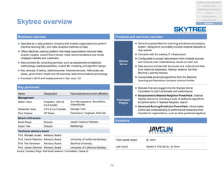 Skytree overview
 Operates as a data analytics company that enables organizations to perform
machine learning (ML) and other analytics methods on data
 Offers Machine Learning platform that helps organizations discover deep
analytic insights, predict future trends, make recommendations and reveal
untapped markets and customers
 Also provides ML consulting services, such as assessment of statistical
methodology needs/possibilities, custom ML modeling and algorithm design
 Key verticals: E-tailing, retail/consumer, financial services, Web scale use
cases, government, health and life sciences, telecommunications and energy
 Founded in 2010 and headquartered in San Jose, CA
Business overview Products and services overview
Key personnel
Investors
Name Designation Past experience/current affiliation
Management
Martin Hack President, CEO &
Co-Founder
Sun Microsystems, SonicWALL,
GreenBorder
Alexander Gray CTO & Co-Founder Georgia Tech
Paul Salazar VP Sales Greenplum, Coghead, Red Hat
Board of Directors
Noah Doyle Director Javelin Venture Partners
David Toth Director NetRatings
Technical advisory board
Prof. Michael Jordan Advisory Board
Prof. David Patterson Advisory Board University of California Berkeley
Prof. Pat Hanrahan Advisory Board Stanford University
Prof. James Demmel Advisory Board University of California Berkeley
Skytree
Server
 General purpose Machine Learning and advanced analytics
system, designed to accurately process massive datasets at
high speeds
 Connects with the existing IT infrastructure
 Configurable to accept data streams from multiple sources
and compute near-instantaneous results on each one
 Data sources include both structured and unstructured data
from relational databases, Hadoop systems, flat files,
Machine Learning libraries
 Incorporates advanced algorithms from the Machine
Learning and theoretical computer science frontier
Powerpack
Plugins
 Modules that are plugged into the Skytree Server
Foundation to add functionality and performance
 Nonparametric/Nearest-Neighbor PowerPack: Extends
Skytree Server by including a suite of additional algorithms
for performance in Nearest-Neighbor search
 Advanced Scoring/Prediction PowerPack: Allows better
control and understanding of performance measures most
important to organizations, such as false positives/negatives
Total capital raised: $1.5mm
Last round: Series A (Feb 2012), $1.5mm
Source: Company filings, Wall Street research, CrunchBase, Capital IQ
73
Analytics and Visualization
Marketing & e-commerce
Social
Market places
Machine data
Location/events
Statistical
 