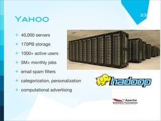 23
Yahoo!
+ 40,000 servers
+ 170PB storage
+ 1000+ active users
+ 5M+ monthly jobs
+ email spam ﬁlters
+ categorization, personalization
+ computational advertising
 