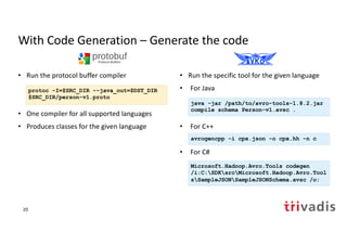 With Code Generation – Using Maven
• Use protobuf-maven-plugin for
generating code at maven build
• Generates to target/ge...