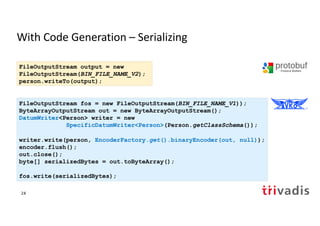 With Code Generation – Deserializing
DatumReader<Person> datumReader = new
SpecificDatumReader<Person>(Person.class);
byte...