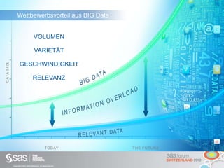 Copyright © 2012, SAS Institute Inc. All rights reserved.
VOLUMEN
VARIETÄT
GESCHWINDIGKEIT
RELEVANZ
TODAY THE FUTURE
DATASIZE
Wettbewerbsvorteil aus BIG Data
 