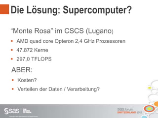 Copyright © 2012, SAS Institute Inc. All rights reserved.
Die Lösung: Supercomputer?
“Monte Rosa” im CSCS (Lugano)
 AMD quad core Opteron 2,4 GHz Prozessoren
 47.872 Kerne
 297,0 TFLOPS
ABER:
 Kosten?
 Verteilen der Daten / Verarbeitung?
 