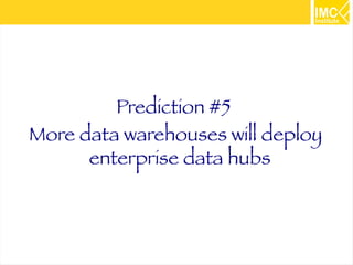 32 
Hadoop roles in data warehouses 
Data hubs offload ETL processing and data from 
enterprise data warehouses to Hadoop 
Hadoop acting as a central enterprise hub. 
10 times cheaper and can perform more 
analytics for additional processing or new apps. 
Source: www.eweek.com 
 