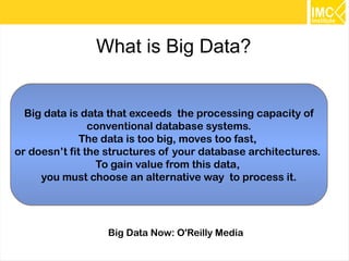 6 
What is Big Data? 
Big data is data that exceeds the processing capacity of 
conventional database systems. 
The data is too big, moves too fast, 
or doesn’t fit the structures of your database architectures. 
To gain value from this data, 
you must choose an alternative way to process it. 
Big Data Now: O'Reilly Media 
 