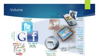 12+ TBs
of tweet data
every day
25+ TBs of
log data
every day
?TBsof
dataeveryday
2+
billion
people on
the Web
by end
2011
30 billion RFID
tags today
(1.3B in 2005)
4.6
billion
camera
phones
world wide
100s of
millions
of GPS
enabled
devices
sold
annually
76 million smart
meters in 2009…
200M by 2014
Volume
 