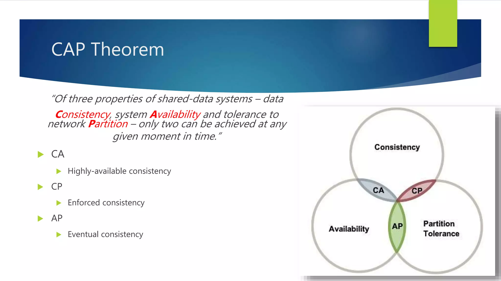 “Of three properties of shared-data systems – data
Consistency, system Availability and tolerance to
network Partition – only two can be achieved at any
given moment in time.”
 CA
 Highly-available consistency
 CP
 Enforced consistency
 AP
 Eventual consistency
CAP Theorem
 