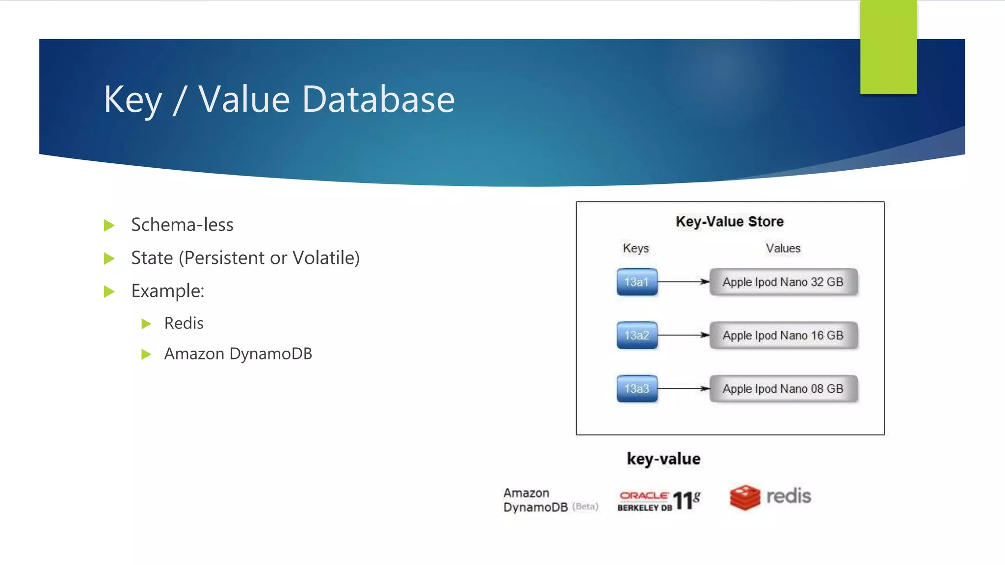  Schema-less
 State (Persistent or Volatile)
 Example:
 Redis
 Amazon DynamoDB
Key / Value Database
 