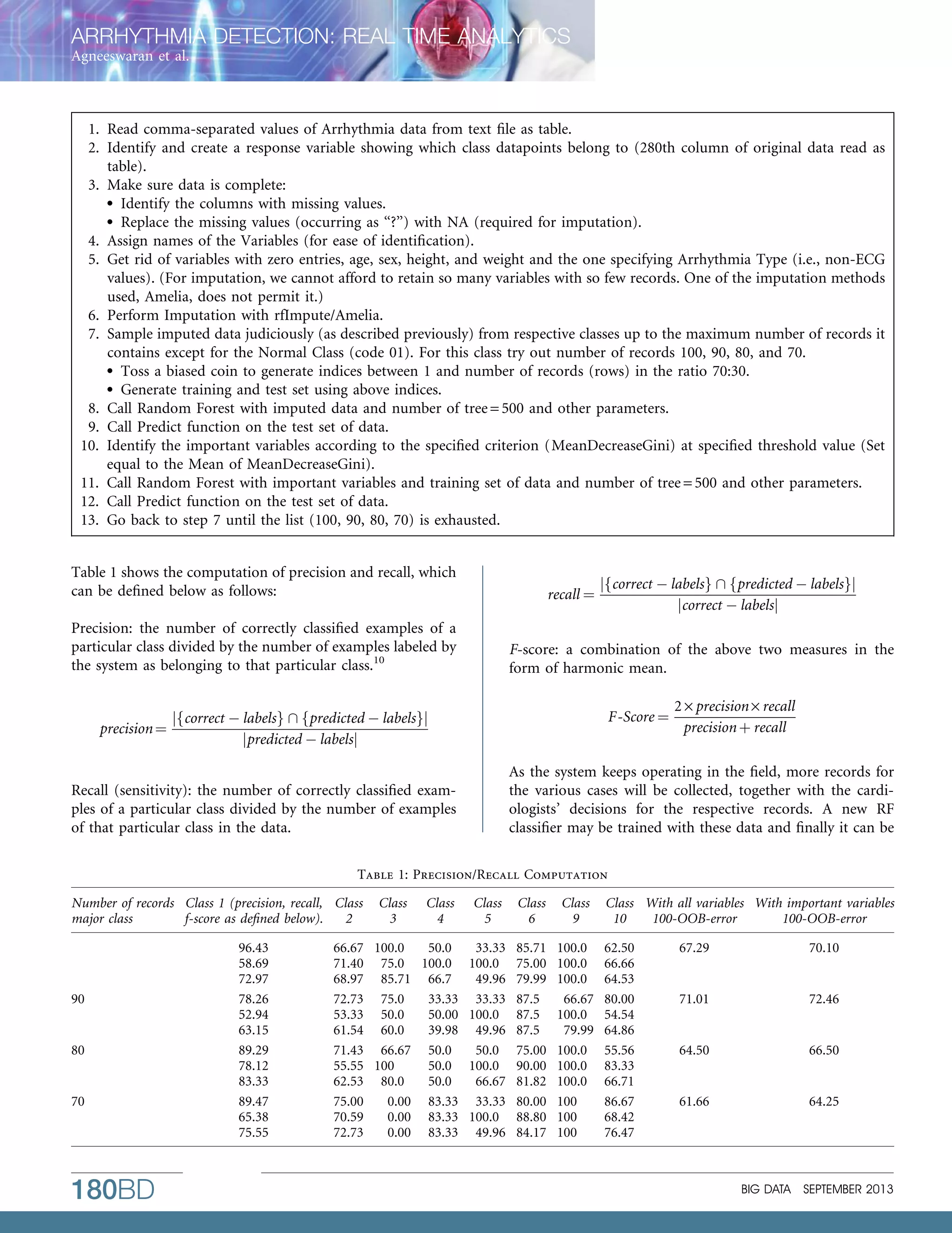 ARRHYTHMIA DETECTION: REAL TIME ANALYTICS
Agneeswaran et al.

1. Read comma-separated values of Arrhythmia data from text ﬁle as table.
2. Identify and create a response variable showing which class datapoints belong to (280th column of original data read as
table).
3. Make sure data is complete:
 Identify the columns with missing values.
 Replace the missing values (occurring as ‘‘?’’) with NA (required for imputation).
4. Assign names of the Variables (for ease of identiﬁcation).
5. Get rid of variables with zero entries, age, sex, height, and weight and the one specifying Arrhythmia Type (i.e., non-ECG
values). (For imputation, we cannot afford to retain so many variables with so few records. One of the imputation methods
used, Amelia, does not permit it.)
6. Perform Imputation with rfImpute/Amelia.
7. Sample imputed data judiciously (as described previously) from respective classes up to the maximum number of records it
contains except for the Normal Class (code 01). For this class try out number of records 100, 90, 80, and 70.
 Toss a biased coin to generate indices between 1 and number of records (rows) in the ratio 70:30.
 Generate training and test set using above indices.
8. Call Random Forest with imputed data and number of tree = 500 and other parameters.
9. Call Predict function on the test set of data.
10. Identify the important variables according to the speciﬁed criterion (MeanDecreaseGini) at speciﬁed threshold value (Set
equal to the Mean of MeanDecreaseGini).
11. Call Random Forest with important variables and training set of data and number of tree = 500 and other parameters.
12. Call Predict function on the test set of data.
13. Go back to step 7 until the list (100, 90, 80, 70) is exhausted.
Table 1 shows the computation of precision and recall, which
can be deﬁned below as follows:

recall ¼

Precision: the number of correctly classiﬁed examples of a
particular class divided by the number of examples labeled by
the system as belonging to that particular class.10

precision ¼

jfcorrect À labelsg  fpredicted À labelsgj
jcorrect À labelsj

F-score: a combination of the above two measures in the
form of harmonic mean.
F-Score ¼

jfcorrect À labelsg  fpredicted À labelsgj
jpredicted À labelsj

2 · precision · recall
precision þ recall

As the system keeps operating in the ﬁeld, more records for
the various cases will be collected, together with the cardiologists’ decisions for the respective records. A new RF
classiﬁer may be trained with these data and ﬁnally it can be

Recall (sensitivity): the number of correctly classiﬁed examples of a particular class divided by the number of examples
of that particular class in the data.

Table 1: Precision/Recall Computation
Number of records Class 1 (precision, recall, Class
major class
f-score as deﬁned below).
2

90

80

70

180BD

96.43
58.69
72.97
78.26
52.94
63.15
89.29
78.12
83.33
89.47
65.38
75.55

Class
3

Class
4

66.67 100.0
50.0
71.40 75.0 100.0
68.97 85.71 66.7
72.73 75.0
33.33
53.33 50.0
50.00
61.54 60.0
39.98
71.43 66.67 50.0
55.55 100
50.0
62.53 80.0
50.0
75.00
0.00 83.33
70.59
0.00 83.33
72.73
0.00 83.33

Class
5

Class
6

Class
9

33.33
100.0
49.96
33.33
100.0
49.96
50.0
100.0
66.67
33.33
100.0
49.96

85.71
75.00
79.99
87.5
87.5
87.5
75.00
90.00
81.82
80.00
88.80
84.17

100.0
100.0
100.0
66.67
100.0
79.99
100.0
100.0
100.0
100
100
100

Class With all variables With important variables
10
100-OOB-error
100-OOB-error
62.50
66.66
64.53
80.00
54.54
64.86
55.56
83.33
66.71
86.67
68.42
76.47

67.29

70.10

71.01

72.46

64.50

66.50

61.66

64.25

BIG DATA

SEPTEMBER 2013

 