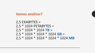 2,5 EXABYTES =
2,5 * 1024 PETABYTES =
2,5 * 1024 * 1024 TB =
2,5 * 1024 * 1024 * 1024 GB =
2,5 * 1024 * 1024 * 1024 * 1024 MB
Vamos analisar?
 