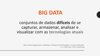 conjuntos de dados difíceis de se
capturar, armazenar, analisar e
visualizar com as tecnologias atuais
BIG DATA
Data-intensive applications, challenges, techniques and technologies: A survey on Big Data.
C.L. PhilipChen, Chun-Yang Zhang
 