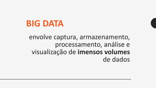 envolve captura, armazenamento,
processamento, análise e
visualização de imensos volumes
de dados
BIG DATA
 