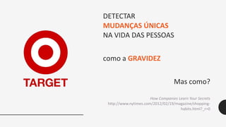 DETECTAR
MUDANÇAS ÚNICAS
NA VIDA DAS PESSOAS
como a GRAVIDEZ
Mas como?
How Companies Learn Your Secrets
http://www.nytimes.com/2012/02/19/magazine/shopping-
habits.html?_r=0
 