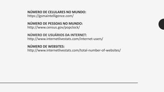 NÚMERO DE CELULARES NO MUNDO:
https://gsmaintelligence.com/
NÚMERO DE PESSOAS NO MUNDO:
http://www.census.gov/popclock/
NÚMERO DE USUÁRIOS DA INTERNET:
http://www.internetlivestats.com/internet-users/
NÚMERO DE WEBSITES:
http://www.internetlivestats.com/total-number-of-websites/
 