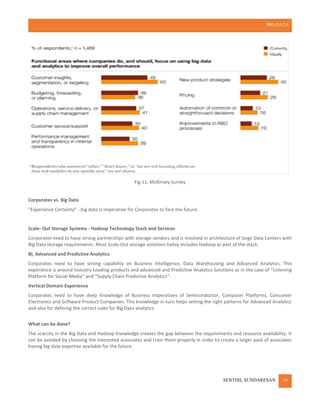 BIG DATA
SENTHIL SUNDARESAN 16
Fig 11: McKinsey Survey
Corporates vs. Big Data
“Experience Certainty” - big data is imperative for Corporates to face the future.
Scale- Out Storage Systems - Hadoop Technology Stack and Services
Corporates need to have strong partnerships with storage vendors and is involved in architecture of large Data Centers with
Big Data storage requirements. Most Scale-Out storage solutions today includes Hadoop as part of the stack.
BI, Advanced and Predictive Analytics
Corporates need to have strong capability on Business Intelligence, Data Warehousing and Advanced Analytics. This
experience is around Industry Leading products and advanced and Predictive Analytics Solutions as in the case of “Listening
Platform for Social Media” and “Supply Chain Predictive Analytics“.
Vertical Domain Experience
Corporates need to have deep knowledge of Business Imperatives of Semiconductor, Computer Platforms, Consumer
Electronics and Software Product Companies. This knowledge in turn helps setting the right patterns for Advanced Analytics
and also for defining the correct rules for Big Data analytics.
What can be done?
The scarcity in the Big Data and Hadoop knowledge creates the gap between the requirements and resource availability. It
can be avoided by choosing the interested associates and train them properly in order to create a larger pool of associates
having big data expertise available for the future.
 