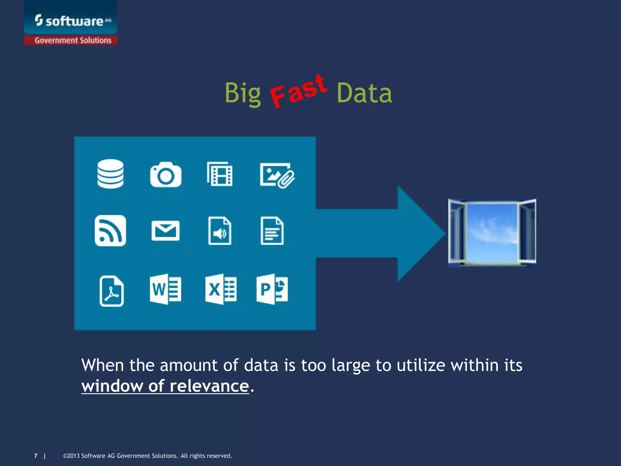 ©2013 Software AG Government Solutions. All rights reserved.7 |
Big Data
When the amount of data is too large to utilize within its
window of relevance.
 