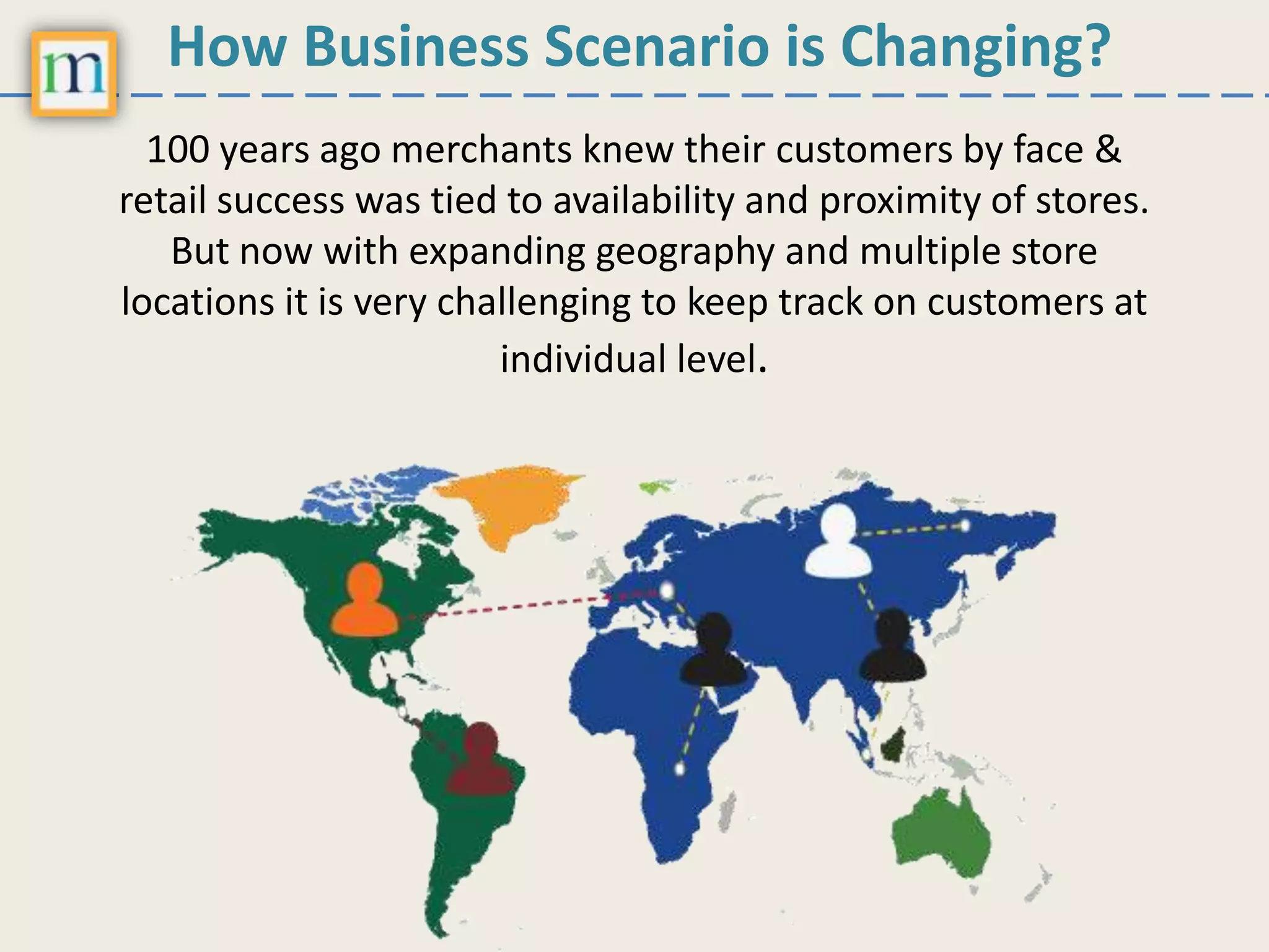 How Business Scenario is Changing?
100 years ago merchants knew their customers by face &
retail success was tied to availability and proximity of stores.
But now with expanding geography and multiple store
locations it is very challenging to keep track on customers at
individual level.
 