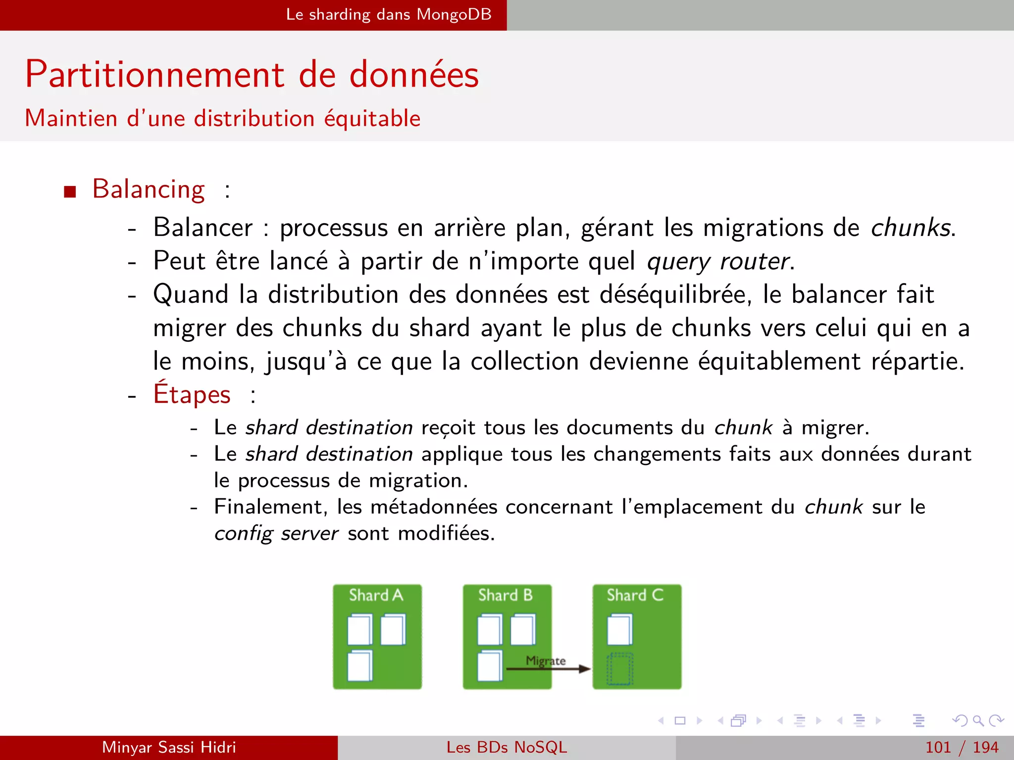 MapReduce Exemples
Exemple 2 : Graphe social (6)
Entre la phase Map et la phase Reduce
Une fois l’opération Map eﬀectuée, Hadoop va récupérer les couples (key,
valeur) de tous les fragments et les grouper par clé distincte. Le résultat
sur la base de nos données d’entrée :
...on obtient bien, pour chaque clé USER1 − USER2, deux listes d’amis :
les amis de USER1 et ceux de USER2.
Minyar Sassi Hidri Technologies pour le Big Data 100 / 227
 