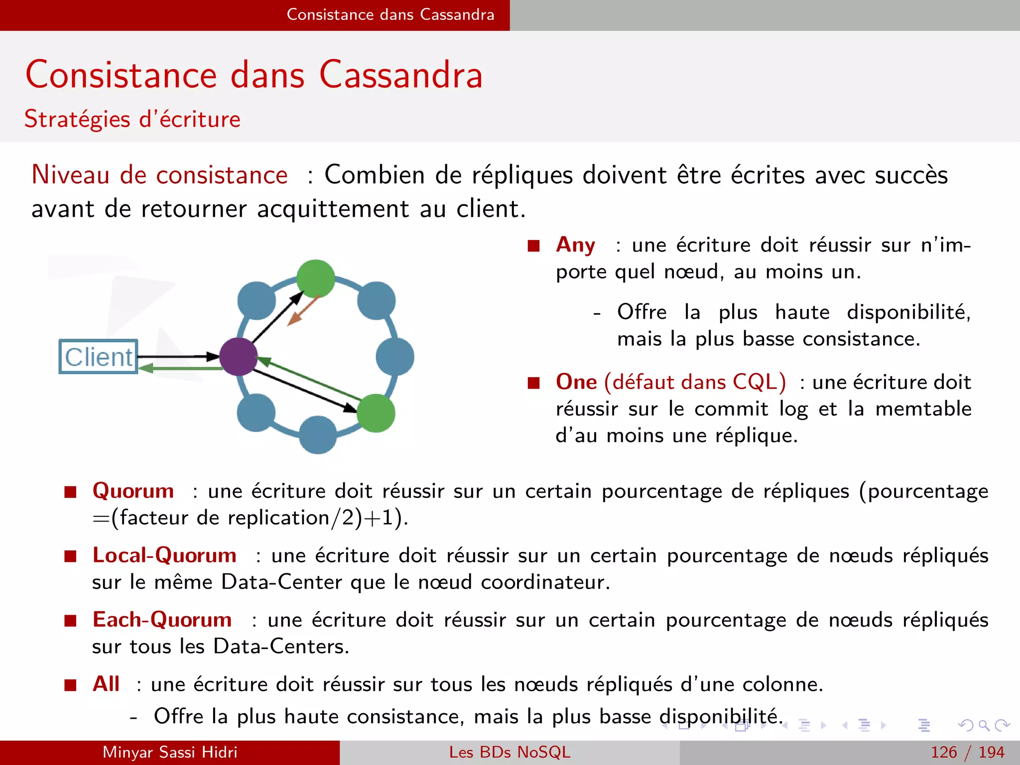 MapReduce du point de vue du développeur Java
Programmation Hadoop
La classe Map
I La classe Map va être en charge de l’opération Map de notre programme.
I Elle doit étendre la classe Hadoop org.apache.hadoop.mapreduce.Mapper.
I Il s’agit d’une classe générique qui se paramétrise avec quatre types :
Un type keyin : le type de clé d’entrée.
Un type valuein : le type de valeur d’entrée.
Un type keyout : le type de clé de sortie.
Un type valueout : le type de valeur de sortie.
I Le type keyin est notamment utile lorsqu’on utilise des fonctionnalités plus
avancées, comme la possibilité d’eﬀectuer plusieurs opérations Map les unes
à la suite des autres, auquel cas notre opération Map recevra en entrée des
couples (key,value).
I Dans notre cas, nous n’utiliserons pas cette possibilité ; on utilisera donc le
type Java Object comme type keyin.
Minyar Sassi Hidri Technologies pour le Big Data 125 / 227
 
