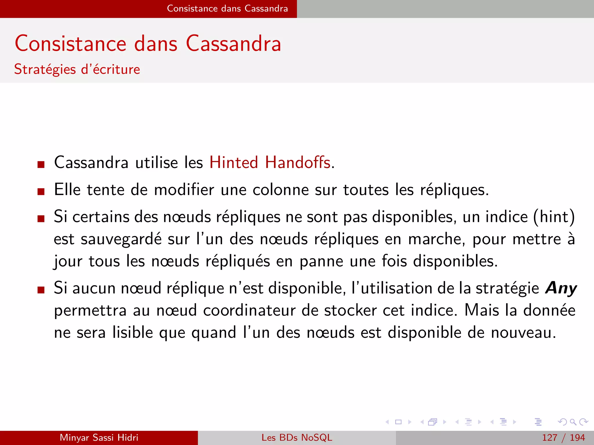 MapReduce du point de vue du développeur Java
Programmation Hadoop - Classe Map
Exemple : Occurrences de mots (1)
Dans notre exemple, notre classe Map sera déclarée ainsi :
public class WCountMap extends Mapper<Object, Text, Text, IntWritable>
On utilise ici comme types :
Text pour le type valuein, puisque notre valeur d’entrée à la fonction Map est une chaîne
de caractères (une ligne de texte).
Text pour le type keyout, puisque notre valeur de clé pour les couples (key,vakue) de la
fonction Map est également une chaîne de caractères (le mot dont on compte les occur-
rences).
IntWritable pour le type valueout, puisque notre valeur pour les couples (key,value) de la
fonction Map est un entier (le nombre d’occurrences).
Ici aussi, on utilise les types Hadoop et non les types natifs Java (Int et
String).
Minyar Sassi Hidri Technologies pour le Big Data 126 / 227
 