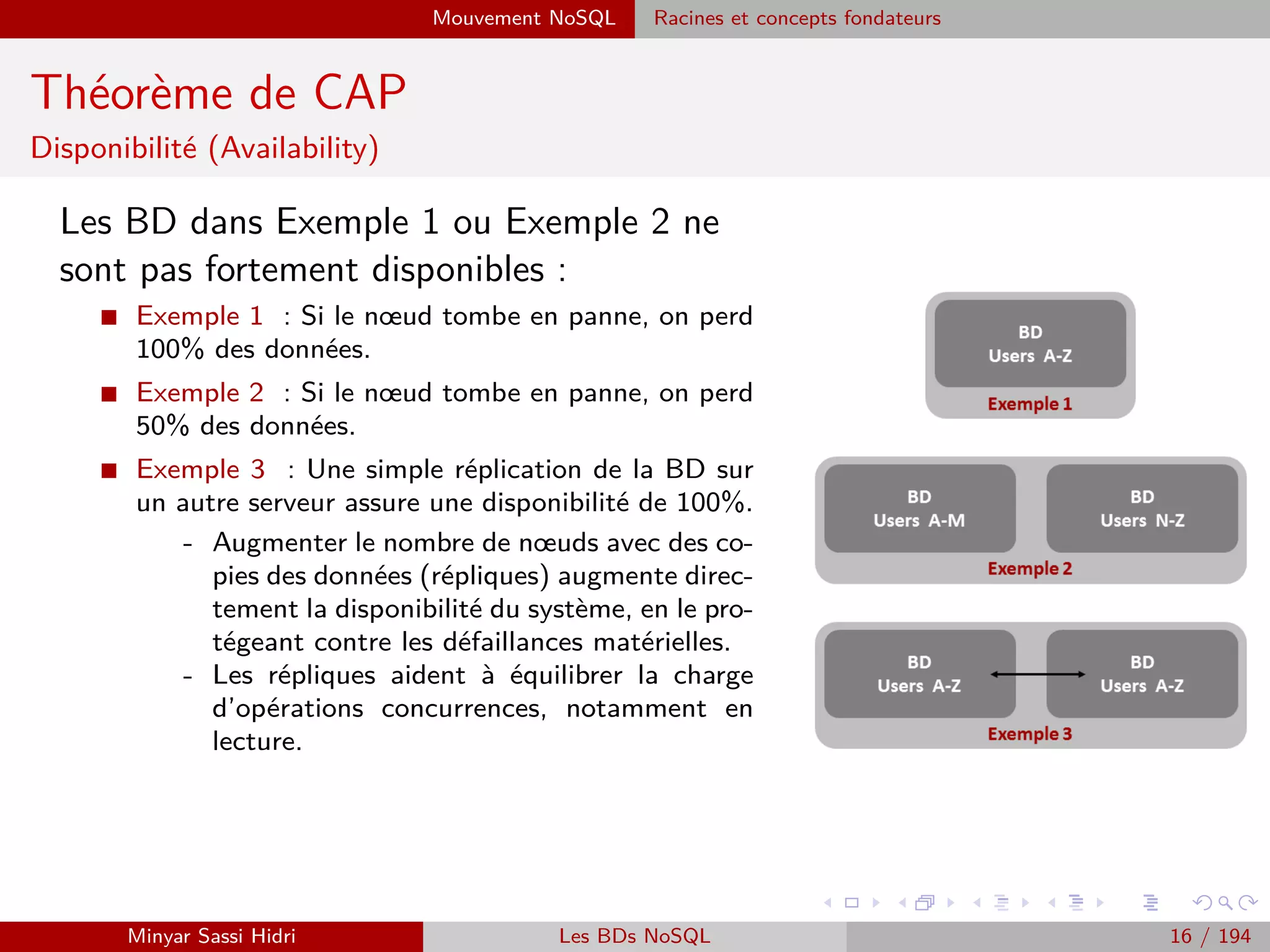 Qu’est-ce que le Big Data ? Est-ce une innovation ?
Big Data : Est-ce une innovation ?
I L’explosion des volumes
des données nécessite une
innovation en terme de :
- Acceleration matérielle :
Abandon des disques durs
au proﬁt des mémoires dy-
namiques DRAM (Dynamic
Random Access Memory :
mémoire vive dynamique)
ou ﬂash.
⇒ Meilleur beneﬁce des
processeurs multicœurs.
I Bases de données d’analyse massivement parallèle (MPP) : Ces bases de données conformes
SQL sont conc¸ues pour répartir le traitement des données sur plusieurs machines.
I Modèle Map-Reduce, Hadoop et autres approches NoSQL : Ces approches permettent
d’accéder aux données via des langages de programmation sans utiliser les interfaces basées
sur SQL et permettent de répartir les données sur plusieurs machines distinctes.
Minyar Sassi Hidri Technologies pour le Big Data 15 / 227
 
