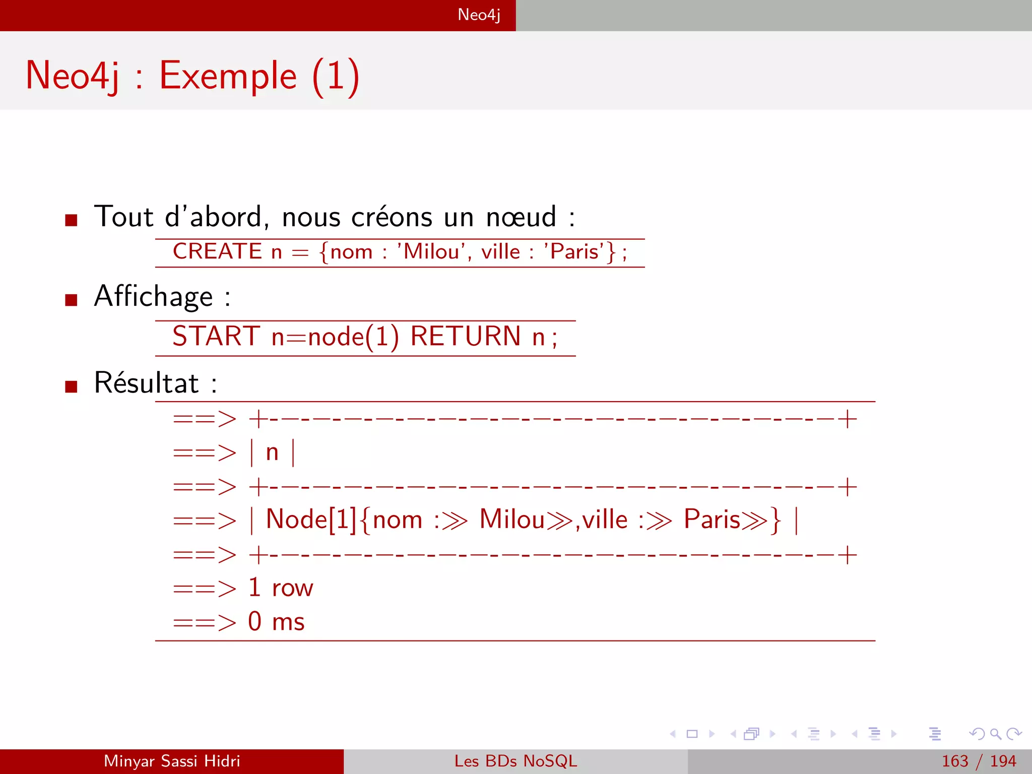 Lambda-architecture Architecture Lambda
Architecture Lambda
Couches
I Lorsque des données entrent dans le système :
1 Les nouvelles données sont envoyées au batch layer et au speed layer.
2 Le batch détient les données maîtres qui sont immuables, en
APPEND-only.
3 Le batch layer recalcule en permanence et en totalité les batch views,
dédiées à des topologies de requêtes.
4 Ces batch views sont publiées et indexées sur le serving layer, dont
l’implémentation est une BD scalable.
5 Le speed layer est un composant de stream processing qui compense
pour les dernières heures de données non prises en charge par les
batchs.
6 Il met à jour, de manière incrémentale, les realtime views.
7 Les résultats des requêtes sont la combinaison des résultats en
provenance des realtime views et des batch views.
Minyar Sassi Hidri Technologies pour le Big Data 162 / 227
 