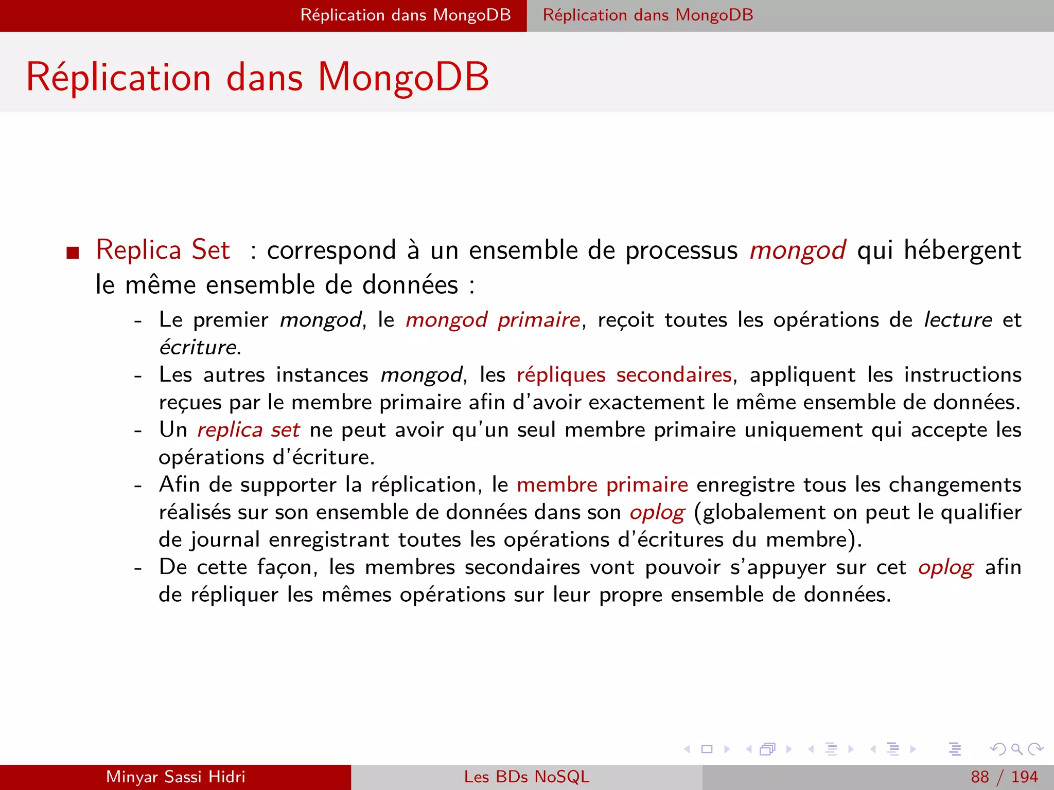 MapReduce Exemples
Exemple 1 : Comptage du nombre de mots
La phase Map (1)
I Il s’agit de concevoir un programme MapReduce comptant le nombre
d’occurrences des diﬀérents mots composant un ﬁchier.
am stram gram
pic et pic et colégram
bour et bour et ratatam
am stram gram
I Un enregistrement correspond à une ligne terminée par n.
I Voici le mapper (pseudo-code) du programme WordCount :
Map (key, value) :
//key : nom de ﬁchier ; value : contenu (d’une partie) du ﬁchier
POUR CHAQUE word w IN value
´Emettre(w, 1)
Minyar Sassi Hidri Technologies pour le Big Data 87 / 227
 
