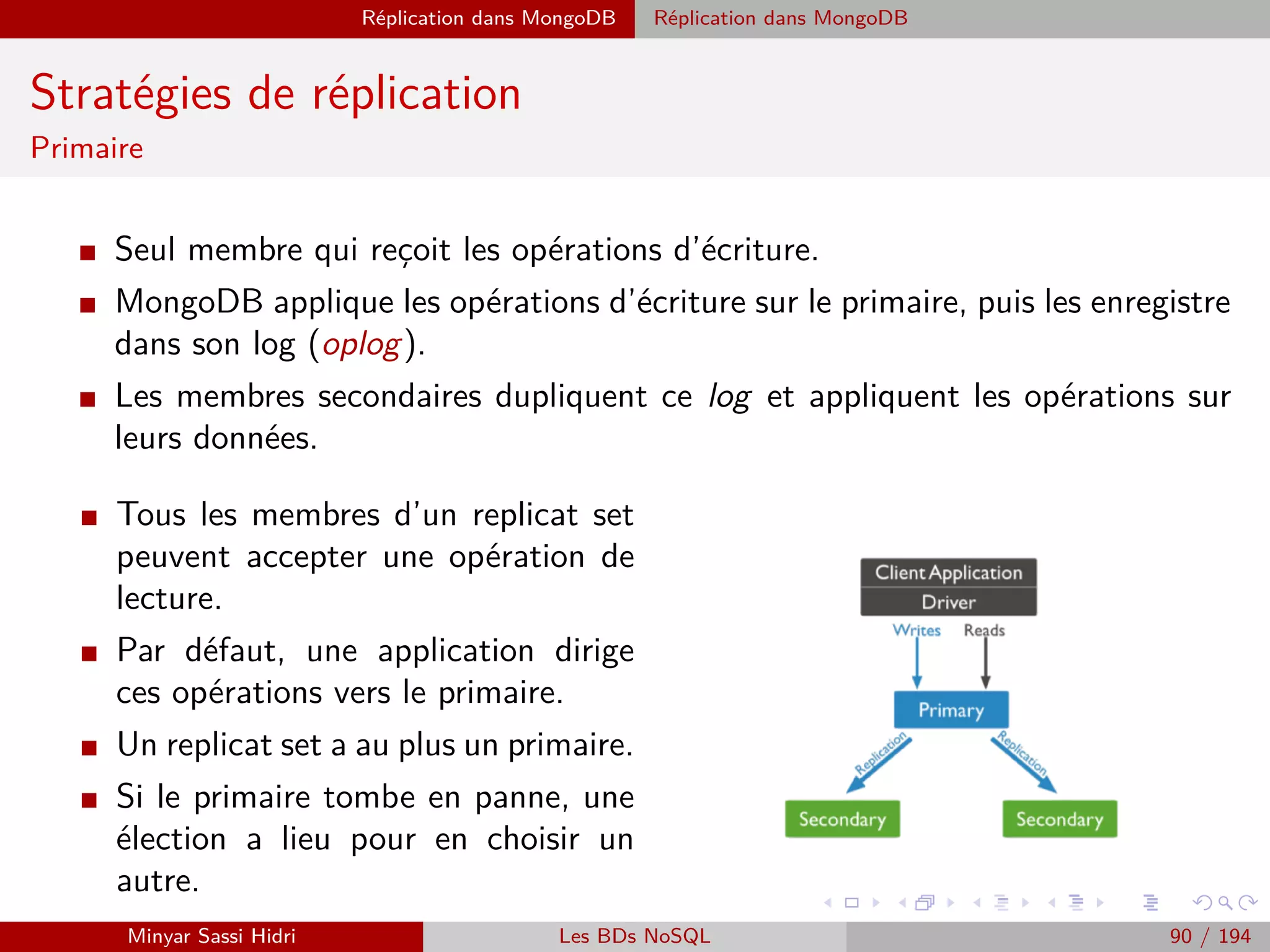 MapReduce Exemples
Exemple 1 : Comptage du nombre de mots
Entre la phase Map et la phase Reduce
I Avant d’être envoyé au reducer, le ﬁ-
chier est automatiquement trié par clé :
c’est ce que l’on appelle la phase de
shuﬄe & sort.
I Le ﬁchier en entrée du reducer est le
suivant :
am,[1,1]
bour,[1,1]
colégram,[1]
et,[1,1,1,1]
gram,[1,1]
pic,[1,1]
ratatam,[1]
stram,[1,1]
Minyar Sassi Hidri Technologies pour le Big Data 89 / 227
 