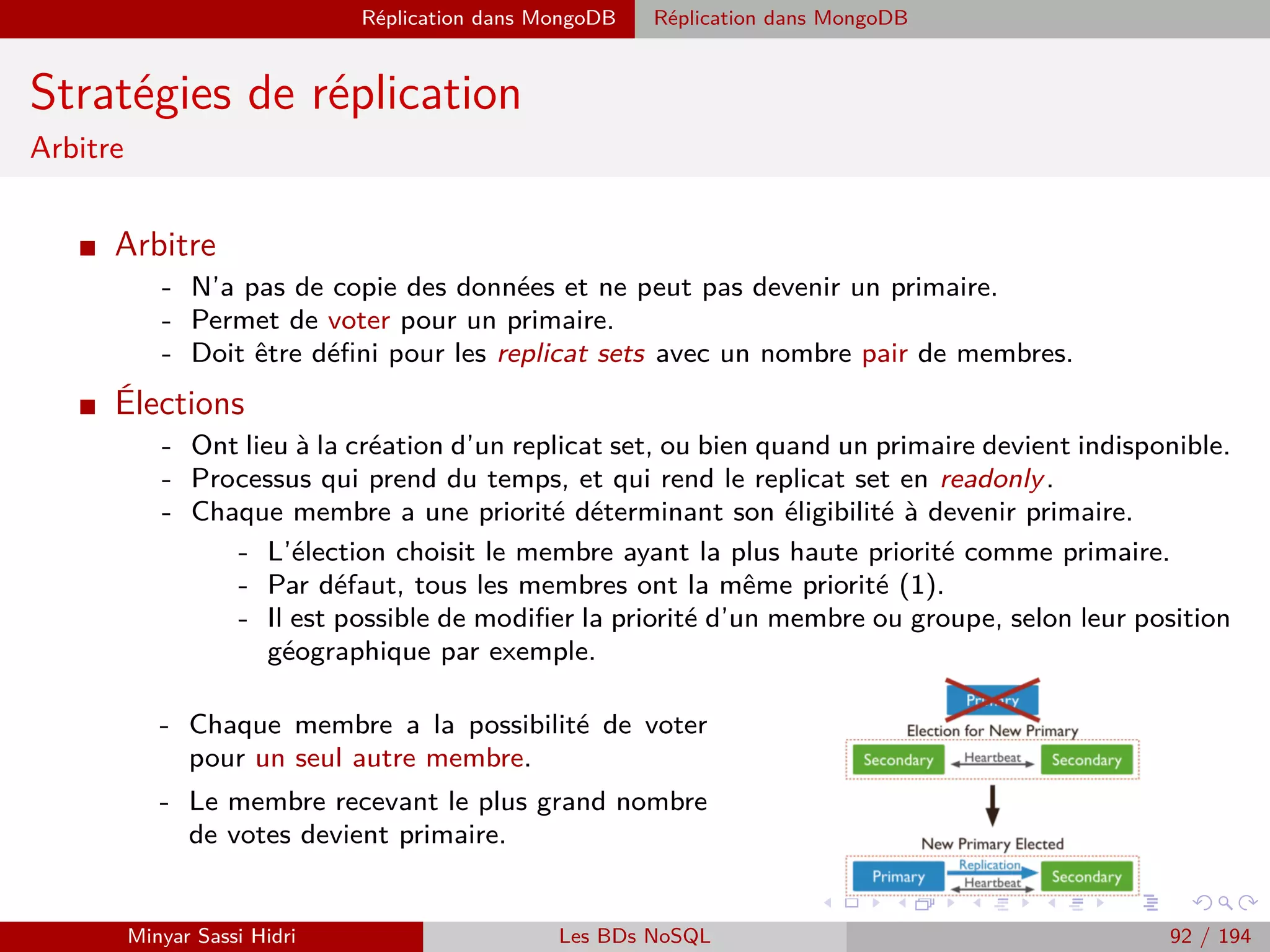 MapReduce Exemples
Exemple 1 : Comptage du nombre de mots
Quatre Mappers et deux Reduces
I Nous venons d’écrire notre premier programme MapReduce permettant de compter le
nombre d’occurrences des diﬀérents mots composant un livre.
I Il faut néanmoins reconnaître qu’avec un seul Mapper et un seul Reducer les performances
de notre programme ne seront pas meilleures que celle d’un programme classique s’exécutant
sur une seule machine.
I Pour tirer parti des spéciﬁcités de Hadoop, nous allons faire évoluer notre cluster en le
conﬁgurant pour qu’il dispose de :
Quatre Mappers.
Deux Reducers.
Minyar Sassi Hidri Technologies pour le Big Data 91 / 227
 
