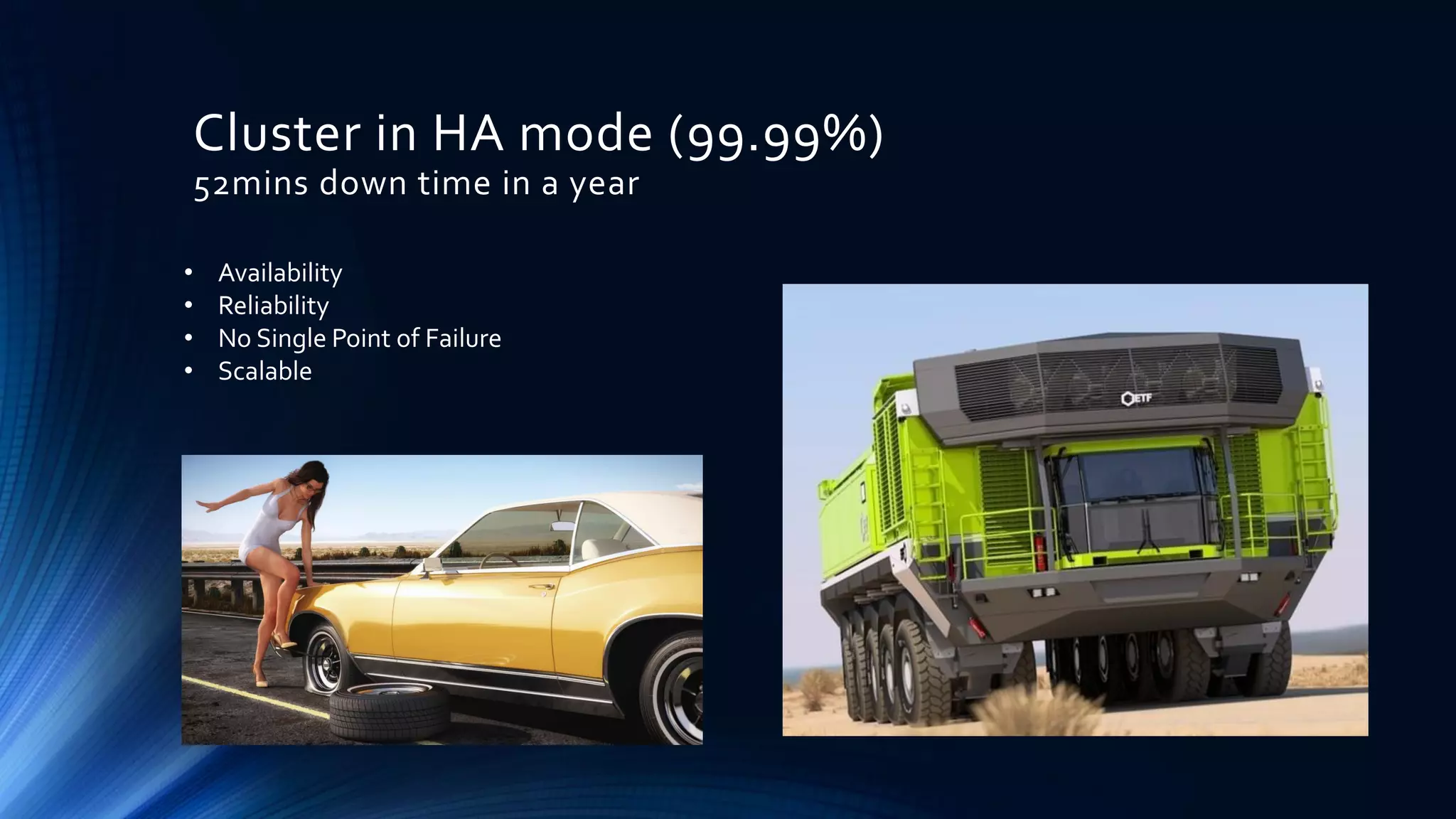 Cluster in HA mode (99.99%)
52mins down time in a year
• Availability
• Reliability
• No Single Point of Failure
• Scalable
 