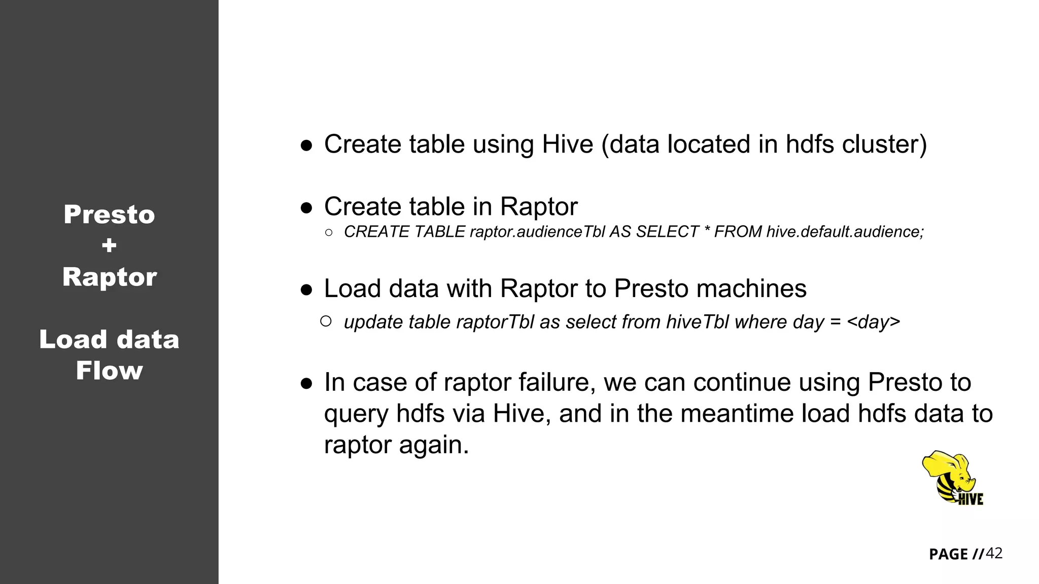 42PAGE //
Presto
+
Raptor
Load data
Flow
● Create table using Hive (data located in hdfs cluster)
● Create table in Raptor
○ CREATE TABLE raptor.audienceTbl AS SELECT * FROM hive.default.audience;
● Load data with Raptor to Presto machines
○ update table raptorTbl as select from hiveTbl where day = <day>
● In case of raptor failure, we can continue using Presto to
query hdfs via Hive, and in the meantime load hdfs data to
raptor again.
 