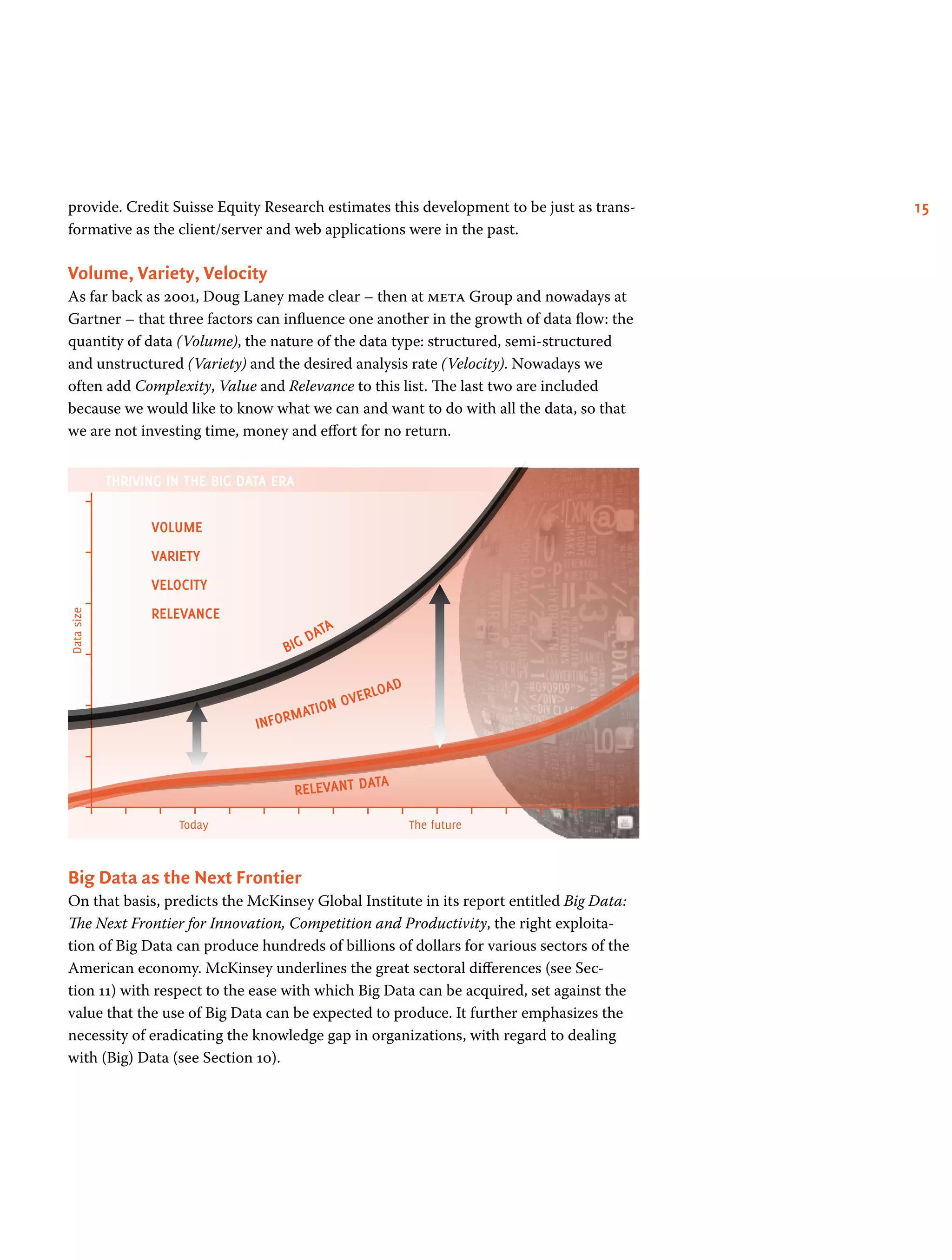 15provide. Credit Suisse Equity Research estimates this development to be just as trans-
formative as the client/server and web applications were in the past.
Volume, Variety, Velocity
As far back as 2001, Doug Laney made clear – then at meta Group and nowadays at
Gartner – that three factors can influence one another in the growth of data flow: the
quantity of data (Volume), the nature of the data type: structured, semi-structured
and unstructured (Variety) and the desired analysis rate (Velocity). Nowadays we
often add Complexity, Value and Relevance to this list. The last two are included
because we would like to know what we can and want to do with all the data, so that
we are not investing time, money and effort for no return.
VOLUME
THRIVING IN THE BIG DATA ERA
Datasize
Today The future
VARIETY
VELOCITY
RELEVANCE
BIG DATA
INFORMATION OVERLOAD
RELEVANT DATA
Big Data as the Next Frontier
On that basis, predicts the McKinsey Global Institute in its report entitled Big Data:
The Next Frontier for Innovation, Competition and Productivity, the right exploita-
tion of Big Data can produce hundreds of billions of dollars for various sectors of the
American economy. McKinsey underlines the great sectoral differences (see Sec-
tion 11) with respect to the ease with which Big Data can be acquired, set against the
value that the use of Big Data can be expected to produce. It further emphasizes the
necessity of eradicating the knowledge gap in organizations, with regard to dealing
with (Big) Data (see Section 10).
 